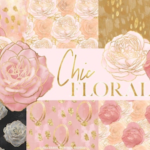 Chic Floral Seamless Digital Paper - Rose Gold Flower Abstract Pattern Papers - Peach Flowers Patterns - Pink Blush Modern Glam Background