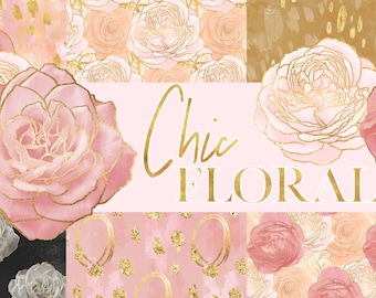 Seamless Floral Digital Paper: Rose Gold & Blush Pink Flower Patterns, Abstract Background (JPG Download)