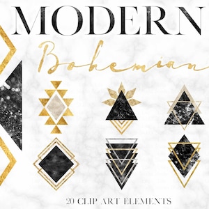 Pode incluir: 20 elementos de arte de clip em um estilo moderno boêmio. Os elementos são formas geométricas pretas, douradas e brancas sobre um fundo de mármore branco. O texto "MODERN Bohemian" está na parte superior da imagem.