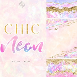 Rainbow Neon Digital Paper - Glam Abstract Watercolor Instagram Background - Chic Pink Papers - Colorful Glitter Planner Canva Graphics