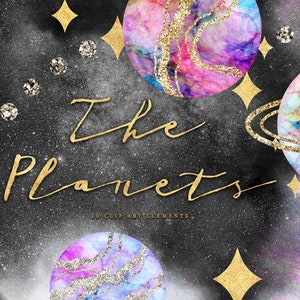 Space Clipart - Galaxy Planet Clip Art - Celestial Moon Graphics - Star Sky Digital Design - Printable PNG Rainbow Gold Alien Planets