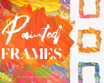 Abstract Paint Clipart Frames: Colorful Rainbow Glitter Brush Stroke Border Graphics (PNG Digital Download)