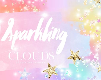 Pastel Rainbow Cloud Clipart: Glitter Galaxy Space Star Overlays, Unicorn Color Graphics (Digital Download)