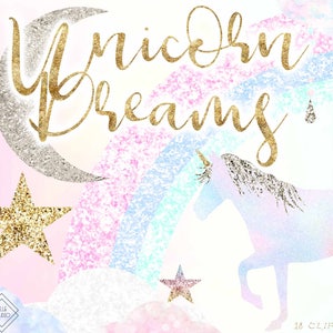 Pastel Rainbow Unicorn Clipart - Glitter Birthday Party Clip Art - Star PNG Overlay - Pink Blue DIY Unicorn Invitation Graphics