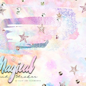 Holographic Watercolor Unicorn Clipart Brush Strokes - Pastel Rainbow Clip Art - Water Color Glitter Paint Stroke Graphics PNG - DIY Logo