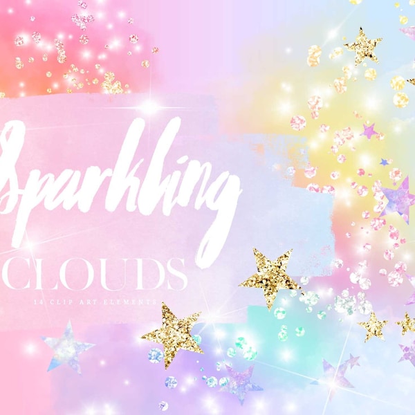 Rainbow Cloud Glitter Overlay Clipart - Galaxy Space Star Clip Art Overlays - Pastel Unicorn Graphics - Pink Purple Blue Clouds Stars PNG