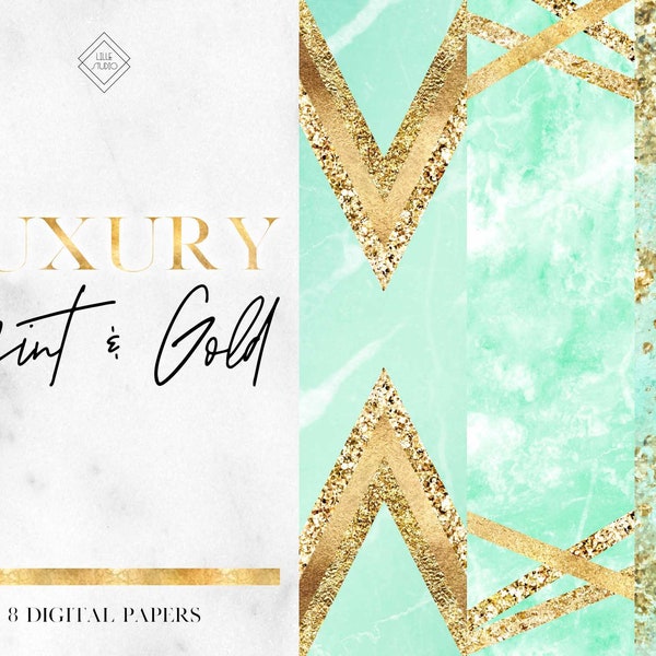 Mint Sea Green Gold Digital Paper Backgrounds - Marble Glam Geometric Abstract Luxury Background - Chic Luxurious Modern Watercolor Papers