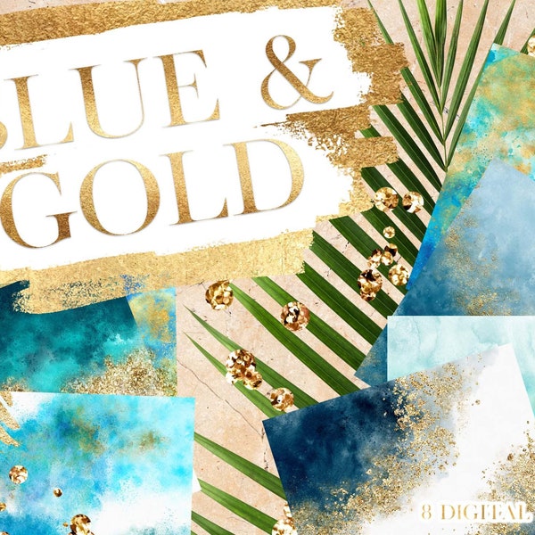 Blue Gold Watercolor Digital Paper - Navy Turquoise Ocean Sea Papers - Abstract Summer Background - Glitter Aqua Backgrounds