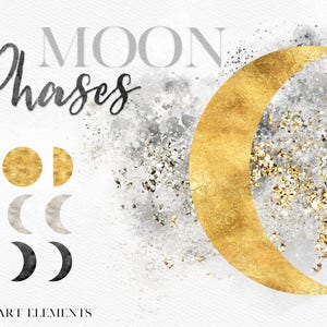 Moon Phase Clipart - Gold Silver Watercolor Moons Cycle Clip Art - Bohemian Boho Tarot Crescent Phases - Astrology Horoscope PNG Graphics