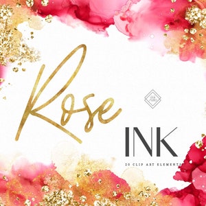 Pode incluir: 20 elementos de arte de clip com respingos abstratos de tinta rosa e dourada em estilo aquarela. O texto "Rose Ink" está escrito em escrita dourada.