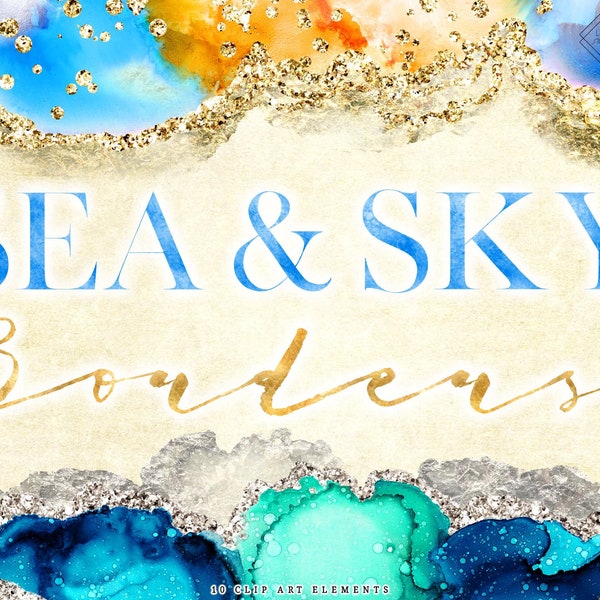 Abstract Sea Sky Digital Border Clipart - Watercolor Alcohol Ink Borders - Gold Beach Frame Overlay Clip Art - Blue Ocean PNG Glitter Frames