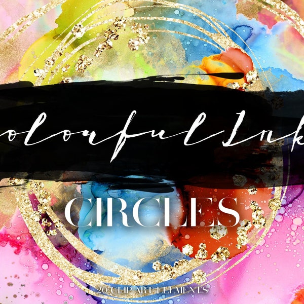 Colorful Rainbow Alcohol Ink Circle Clipart - Watercolor Shape Clip Art Graphics - Black Gold Brush Stroke - Modern Abstract Design DIY Logo