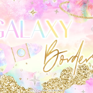 Rainbow Galaxy Space Border Clipart - Celestial Planet Clip Art Frame Graphics - Pastel Moon Star Sun Borders - Alien Printable Frames PNG
