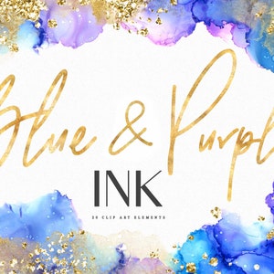 Blue Purple Alcohol Ink Clipart Watercolor Graphics PNG Water Color Clip Art Download Gold Silver Glitter Digital Overlay Images image 1
