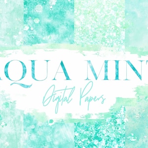 以下が含まれることがあります： アクアミントの水彩画のテクスチャを特徴とするデジタルペーパーのセット。ペーパーには、斑点、キラキラ、花柄など、さまざまなパターンがあります。