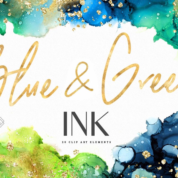 Blue Green Alcohol Ink Clipart - Watercolor Graphics - Gold Silver Glitter Clip Art Download - Digital Water Color PNG Overlay Design Images