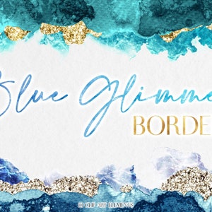 Blue Glimmer Watercolor Border Clipart - Navy Aqua Christmas Clip Art Borders - Winter Gold Silver Frame Graphics - Sparkle Digital Frames