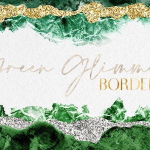 Könnte beinhalten: Grüne Aquarellränder mit goldenen und silbernen Glitzerakzenten. Der Text "Green Glimmer Borders" ist in goldenen Buchstaben geschrieben.