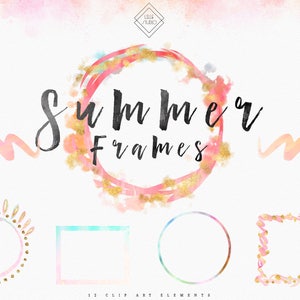 Op de afbeelding: Een set van 12 aquarel zomerframes met gouden accenten. De frames zijn in verschillende vormen, waaronder cirkels, vierkanten en zonnestralen. De frames zijn perfect om een ​​zomerse touch aan je ontwerpen toe te voegen.
