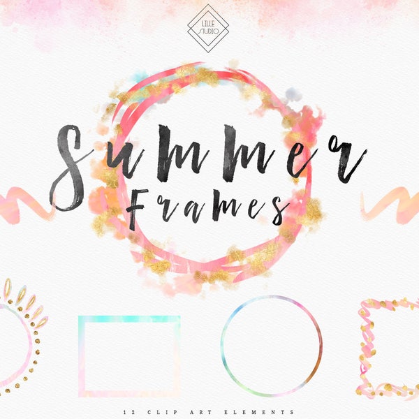 Tropical Summer Clipart Frames - Colorful Flower Frame Clip Art Overlays - Neon Beach Digital Borders - Glitter Gold Border Overlay PNG