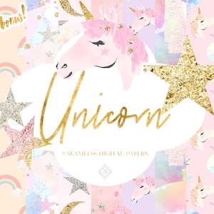 Unicorn Seamless Digital Paper - Rainbow Background Patterns Clipart PNG - Star Pastel Pattern Papers - Gold Glitter Cloud Backgrounds