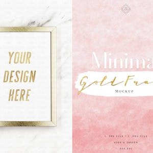 Digital 5x7 Gold Frame Marble Mockup -  Modern Minimalist Vertical Mock Up Frames - Luxury Styled Flatlay Photo Print Stock Photography