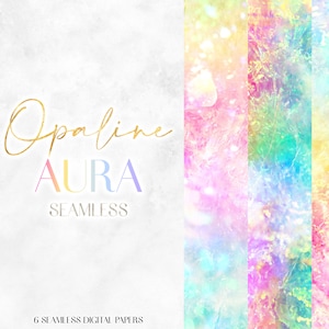 May include: Six digital papers with a seamless opaline aura pattern. The papers feature a watercolour-like background with shades of pink, blue, green, and yellow.