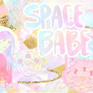 Space Alien Clipart - Pastel Galaxy Star Clip Art - Planner Girl Digital Graphics - Cute Cat Dog PNG - Glitter Rainbow Celestial Moon Images