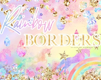 Rainbow Unicorn Border Clipart: Holographic Pastel Glitter Frames (PNG Digital Download)