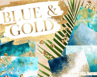 Blue Gold Watercolor Digital Paper - Navy Turquoise Ocean Sea Papers - Abstract Summer Background - Glitter Aqua Backgrounds
