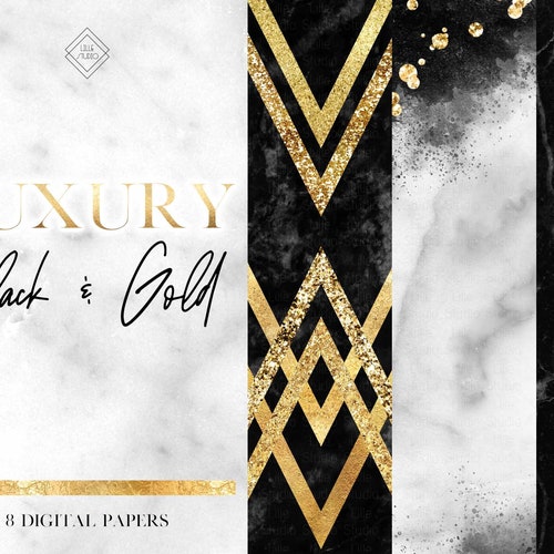 Black Gold Marble Digital Paper - Geometric Black White Marble Background - Glitter Foil Modern Watercolor Design - Abstract Luxury Papers