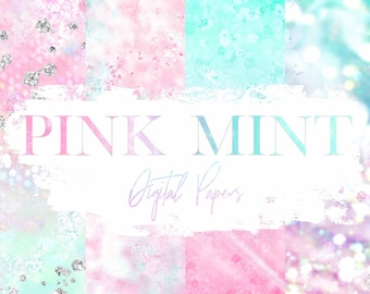 Pastel Pink & Mint Green Digital Paper: Watercolor Glitter Background Graphics (Digital Download)