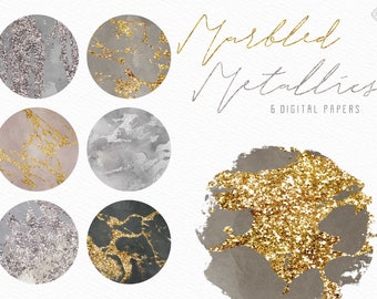 Glam Watercolor Marble Digital Paper - Glitter Black Grey Gray Marbled Background Papers - Metallic Luxury Backgrounds For Instagram Planner