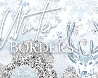 Winter Christmas Clipart Borders: Pastel Holiday Snowflake Frames, Glitter Snow Graphics (PNG Digital Download)