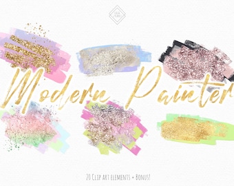 Glitter Brushstrokes Clipart: Rainbow Paint Graphics, Colorful Brush Stroke PNG (Digital Download)