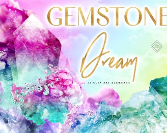 Watercolor Crystal Clipart: Colorful Agate Quartz Gemstone Boho Graphics (PNG Digital Download)
