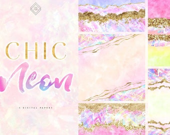 Rainbow Neon Digital Paper - Glam Abstract Watercolor Instagram Background - Chic Pink Papers - Colorful Glitter Planner Canva Graphics