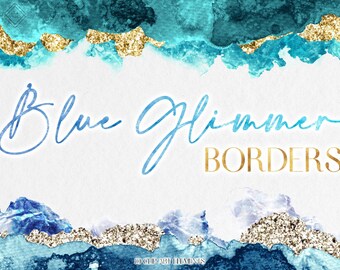 10 Blue Glimmer Watercolor Borders Clipart: Gold and Silver Glitter Edges PNG
