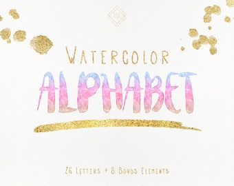 Rainbow Font Watercolor Alphabet Clipart - Letter Clip Art Digital Alphabet - Pastel Unicorn Alphabet Set - Pink Blue Gold Alphabet Letters
