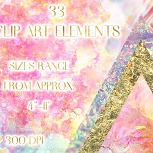 May include: 33 digital clip art elements in a pink, yellow, and blue watercolor style with gold accents. The elements range in size from 4 to 11 inches and are 300 DPI.