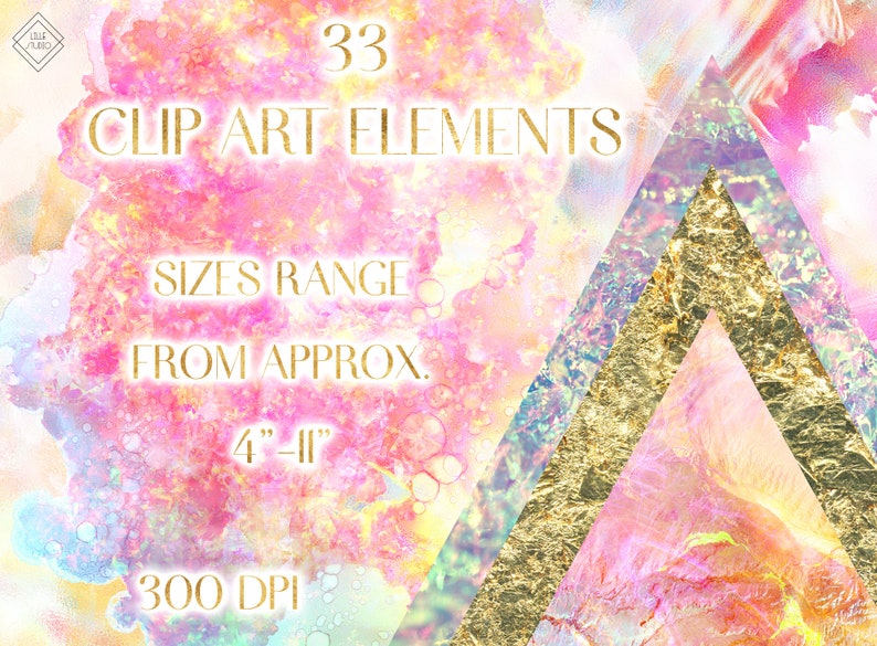 May include: 33 digital clip art elements in a pink, yellow, and blue watercolor style with gold accents. The elements range in size from 4 to 11 inches and are 300 DPI.