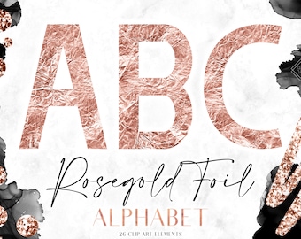 May include: Rose gold foil alphabet clip art elements. The letters A, B, and C are shown in a rose gold foil finish. The letters are set against a white background with black and rose gold ink splatters.