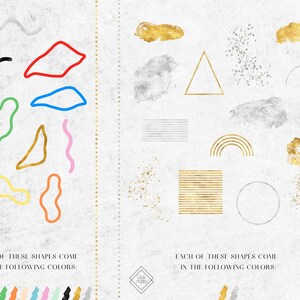 May include: A digital illustration of various shapes in different colors. The shapes include a wavy line, a squiggle, a triangle, a circle, a rectangle, a rainbow, and a blob. The text "Each of these shapes come in the following colors:" is written below the shapes.