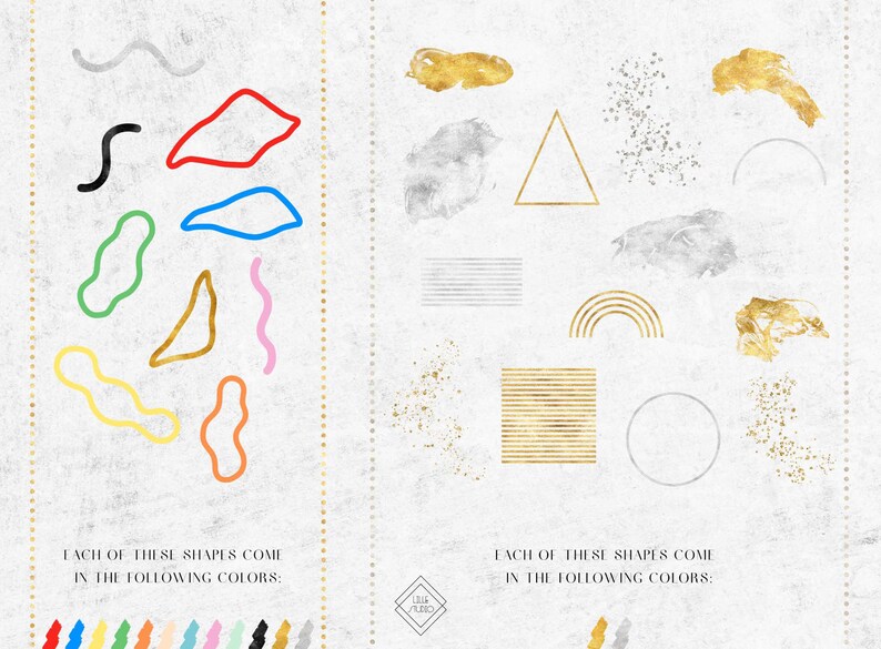May include: A digital illustration of various shapes in different colors. The shapes include a wavy line, a squiggle, a triangle, a circle, a rectangle, a rainbow, and a blob. The text "Each of these shapes come in the following colors:" is written below the shapes.