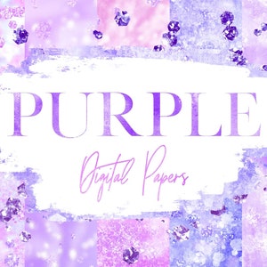 Puede incluir: Papeles digitales morados con textura brillante y fondo de acuarela. El texto "PURPLE Digital Papers" está escrito en blanco sobre un trazo de pintura blanco.
