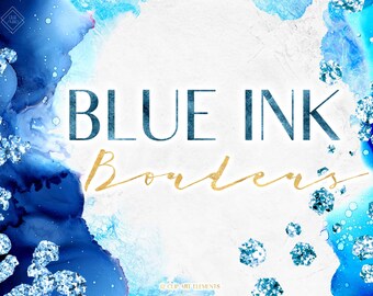 Blue Alcohol Ink Clipart Borders: Watercolor & Glitter Frame Overlay Graphics (Digital Download)
