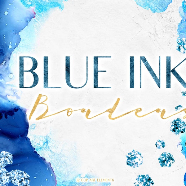 Blue Alcohol Ink Clipart Borders - Watercolor Border Clip Art Graphics - Navy Aqua Glitter Digital Overlay - Ocean Sea Wave Graphic Design