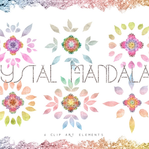 Boho Mandala Crystal Clipart - Yoga Chakra Clip Art Graphics - Zen Bohemian Spiritual Flowers PNG - DIY Modern Flower Mandalas Logo