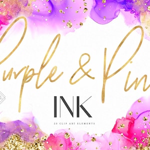 Purple Pink Alcohol Ink Shapes Clipart Watercolor PNG Clip Art Glitter Overlay Digital Elements Graphics For Instagram Blog Planner image 1