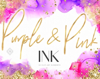 Purple & Pink Alcohol Ink Clipart: Abstract Watercolor Shapes, Glitter Graphics (PNG Digital Download)